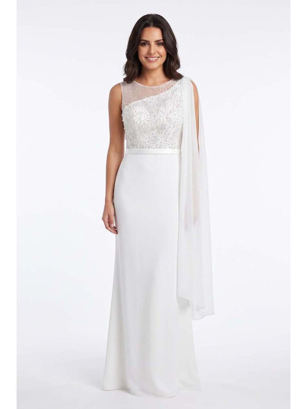 Boutique White Illusion Beaded Bodice One Shoulder Cape Column Gown Size 4 NWOT